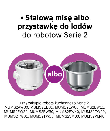 Dwie misy na fioletowych tłach: biała miska z tworzywa i srebrna stalowa misa. Tekst informuje o promocji na akcesoria do robotów kuchennych.