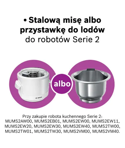 Dwie misy na fioletowych tłach: biała miska z tworzywa i srebrna stalowa misa. Tekst informuje o promocji na akcesoria do robotów kuchennych.