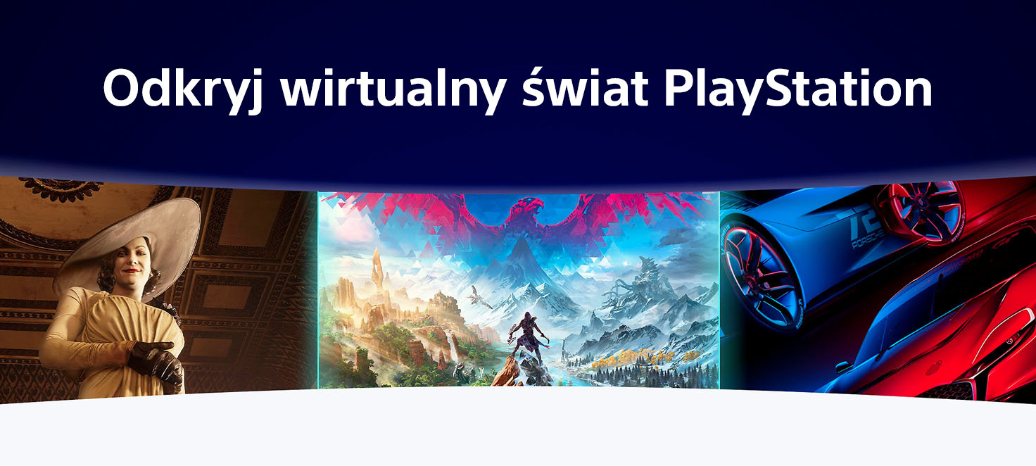 Na górze granatowy napis: "Odkryj wirtualny świat Playstation". Poniżej trzy kadry: kobieta w kapeluszu, krajobraz, samochód.