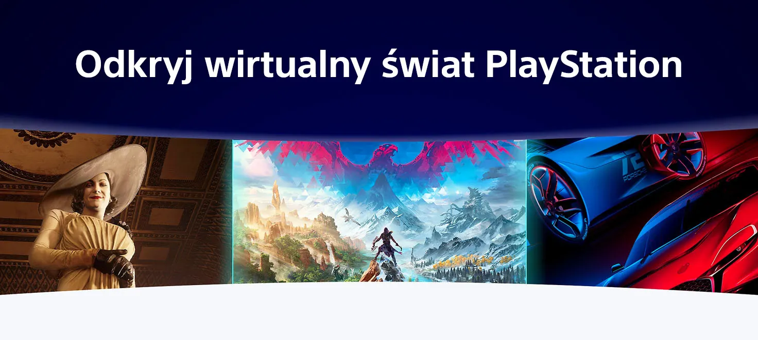Na górze granatowy napis: "Odkryj wirtualny świat Playstation". Poniżej trzy kadry: kobieta w kapeluszu, krajobraz, samochód.