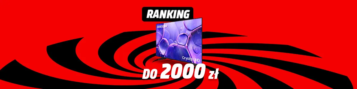 Grafika telewizora na tle czarno-czerwonego wiru. Napis: Ranking do 2000 zł. 