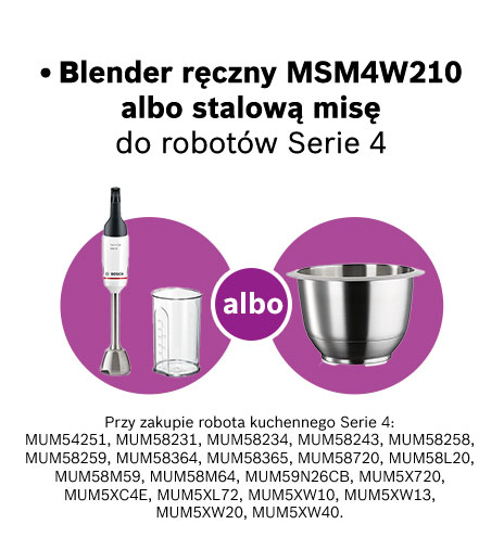 Blender, naczynie i stalowa miska na fioletowym tle. Informacja o promocji na roboty kuchenne Serii 4.