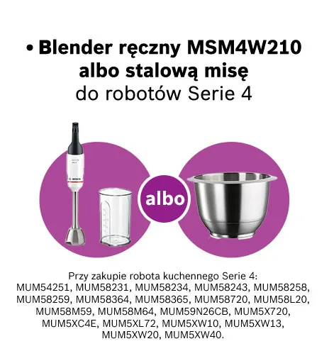 Blender, naczynie i stalowa miska na fioletowym tle. Informacja o promocji na roboty kuchenne Serii 4.