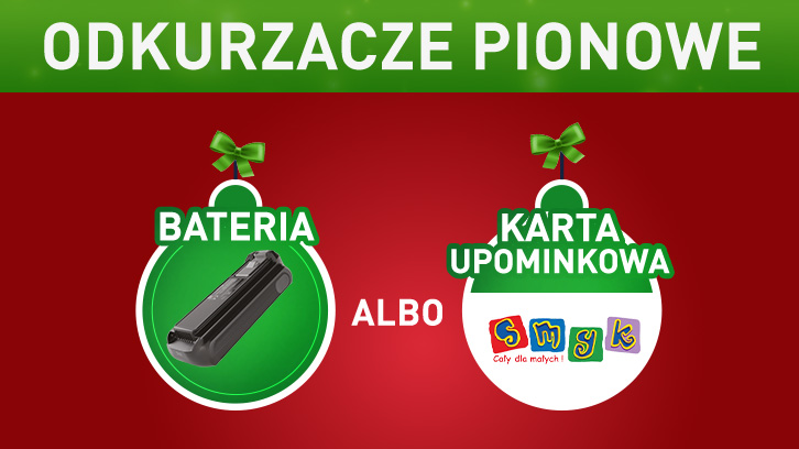 Czerwone tło z zielonym banerem "Odkurzacze Pionowe". Po bokach bateria i karta podarunkowa "Smyk", udekorowane jak bombki.