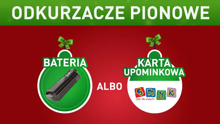 Czerwone tło z zielonym banerem "Odkurzacze Pionowe". Po bokach bateria i karta podarunkowa "Smyk", udekorowane jak bombki.