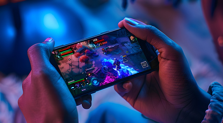 Osoba trzyma telefon, na ekranie gry wideo z elementami akcji i fantasy, na niebieskim tle.