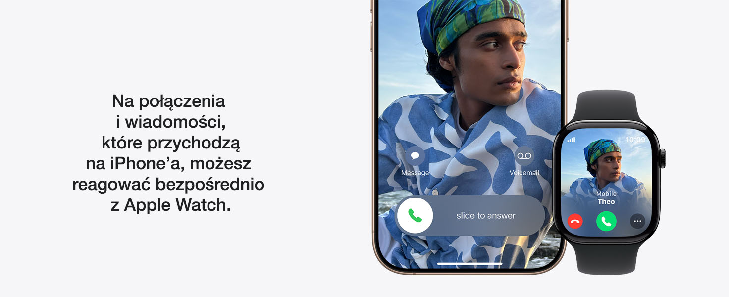 Na obrazie widnieją iPhone i Apple Watch, oba wyświetlają połączenie przychodzące od osoby o imieniu Theo.