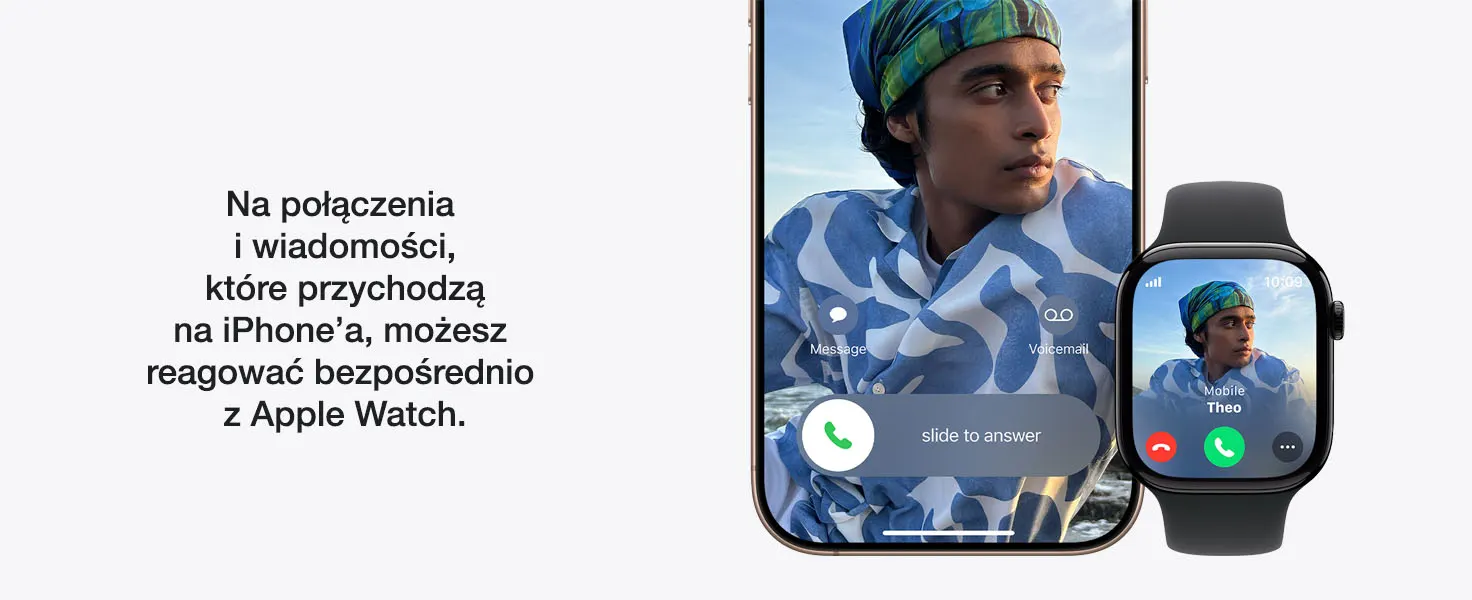 Na obrazie widnieją iPhone i Apple Watch, oba wyświetlają połączenie przychodzące od osoby o imieniu Theo.