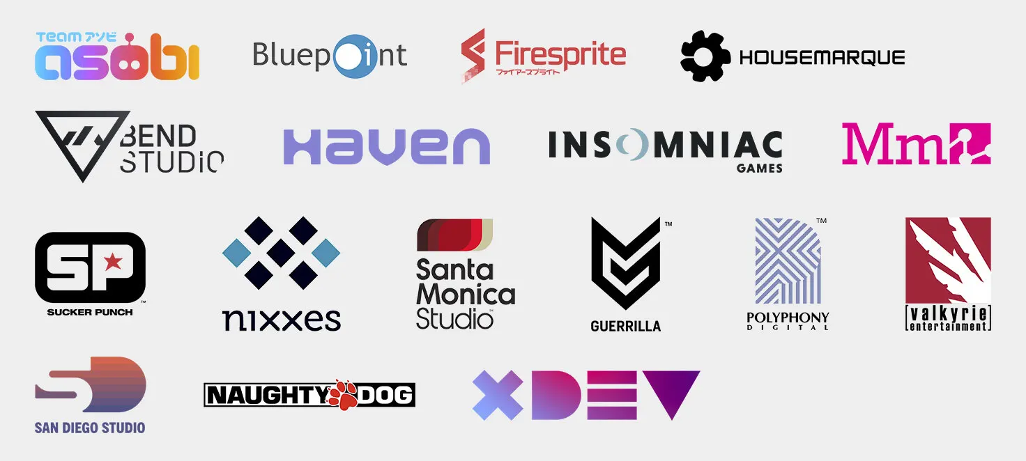 Na białym tle widnieją logotypy studiów gier wideo, w różnych kolorach i stylach graficznych, ułożone w kilku rzędach.
