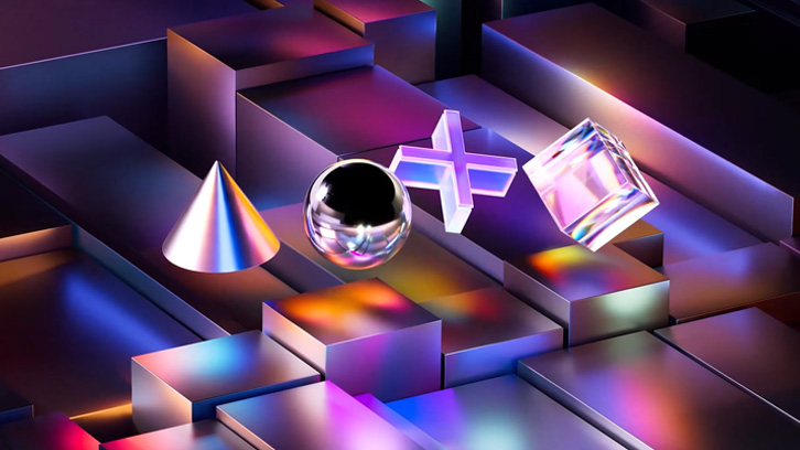 Metalowe bryły: stożek, kula, krzyż i sześcian na tle schodkowych bloków w odcieniach fioletu i niebieskiego.