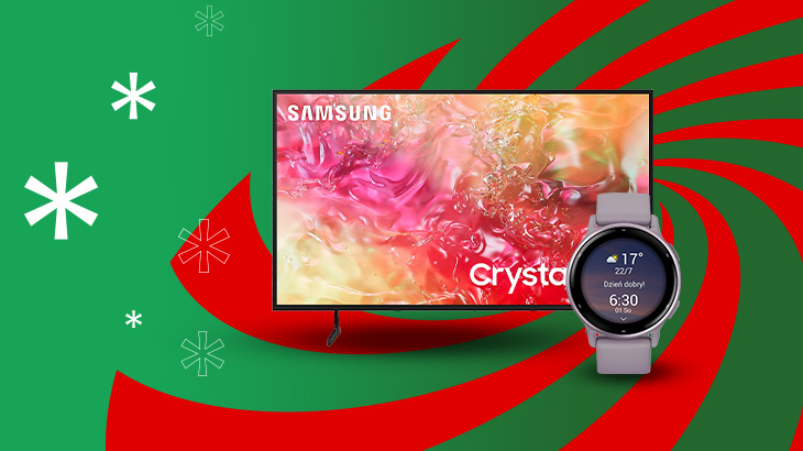 Na zielono-czerwonym tle TV Samsung z kolorowym ekranem i smartwatch z wyświetlaną godziną.