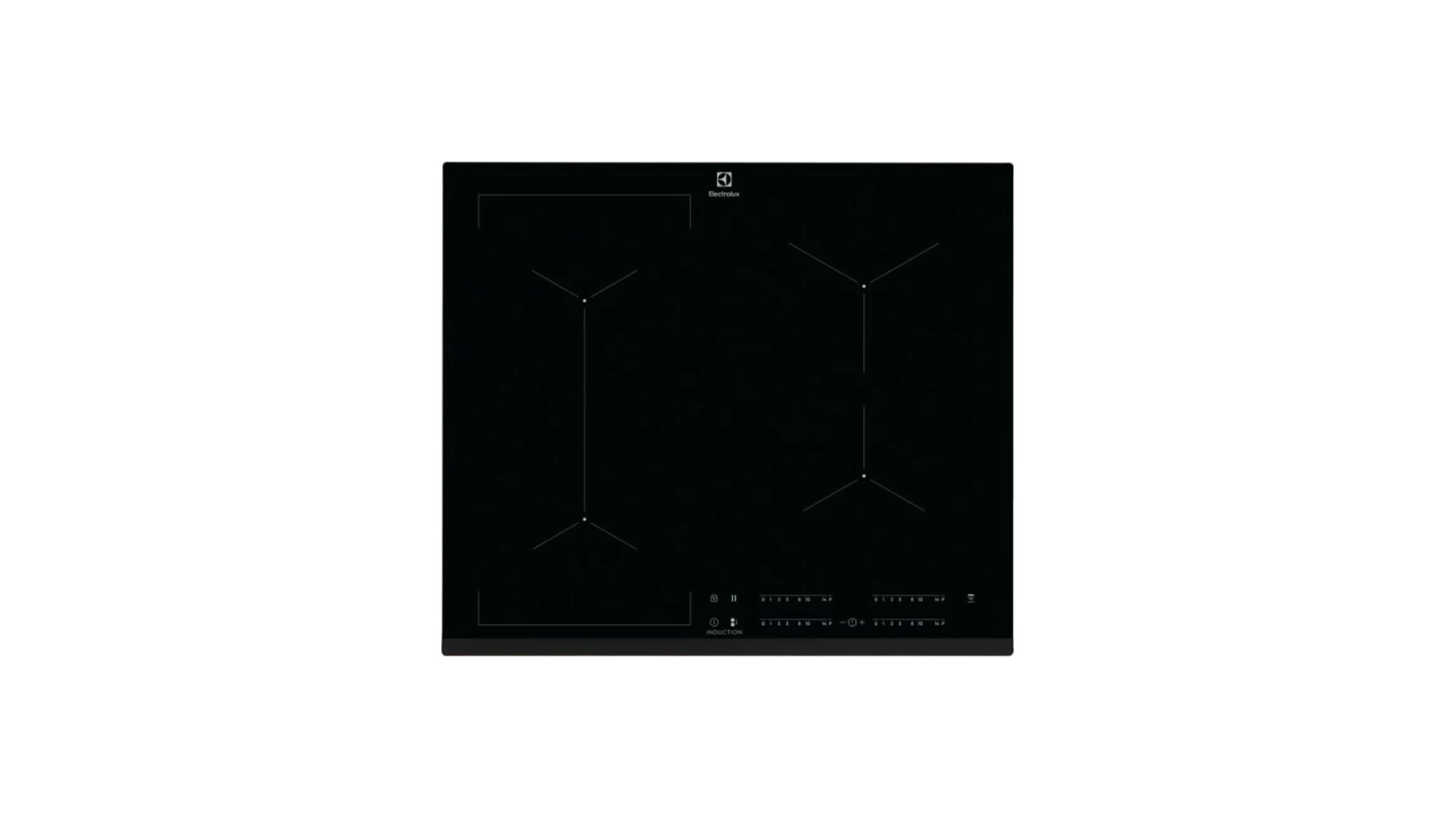 Czarna płyta indukcyjna Electrolux z czterema polami grzewczymi i dotykowym panelem sterowania, pokazana z góry na białym tle.