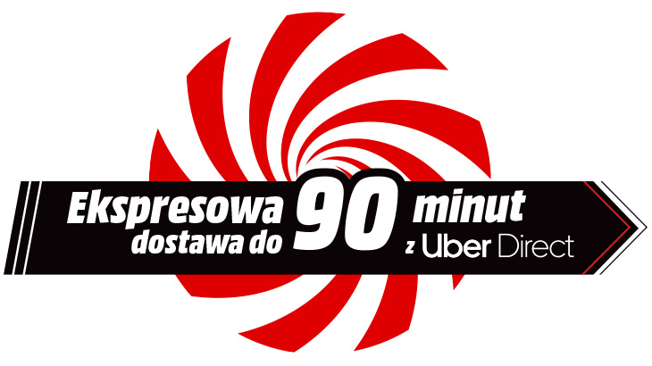 Logo Uber Direct z tekstem "Ekspresowa dostawa do 90 minut" na czarnym banerze i czerwono-białym wzorze.