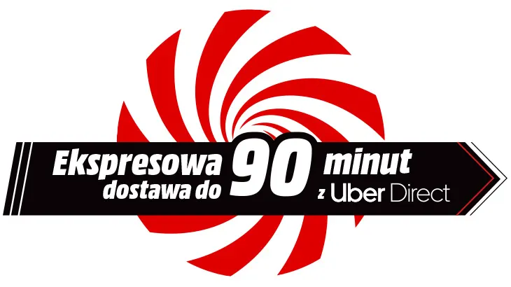 Logo Uber Direct z tekstem "Ekspresowa dostawa do 90 minut" na czarnym banerze i czerwono-białym wzorze.