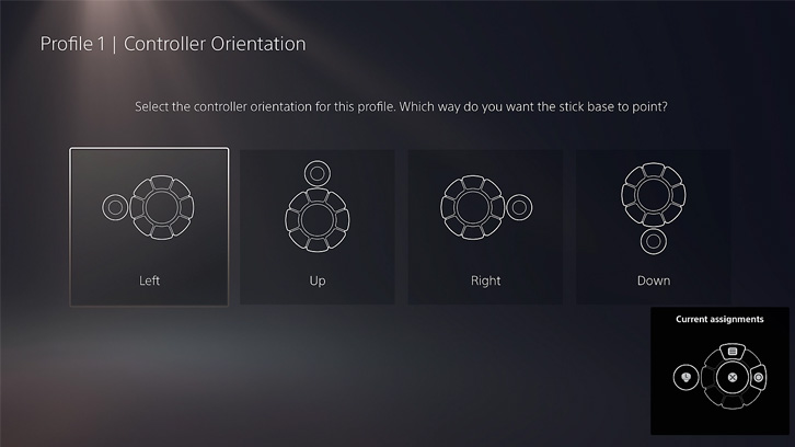 Ekran ustawień orientacji kontrolera z opcjami: lewo, góra, prawo, dół, oraz bieżące przypisania kontrolera.