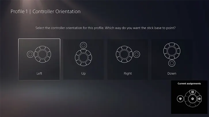 Ekran ustawień orientacji kontrolera z opcjami: lewo, góra, prawo, dół, oraz bieżące przypisania kontrolera.