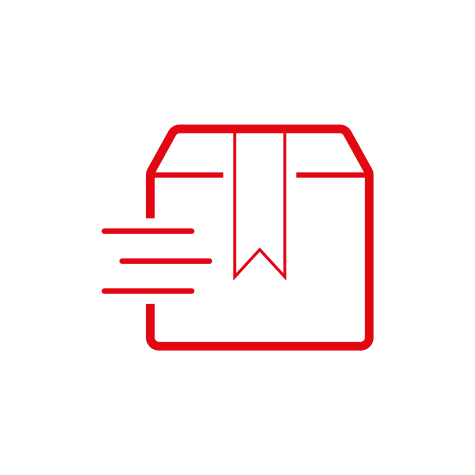 Czerwony kontur paczki z etykietą. Z lewej strony trzy poziome linie sugerujące ruch. Całość na białym tle.