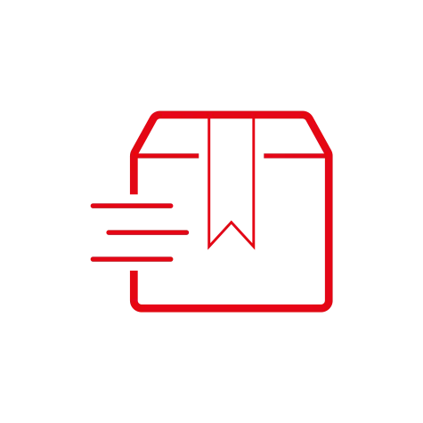 Czerwony kontur paczki z etykietą. Z lewej strony trzy poziome linie sugerujące ruch. Całość na białym tle.