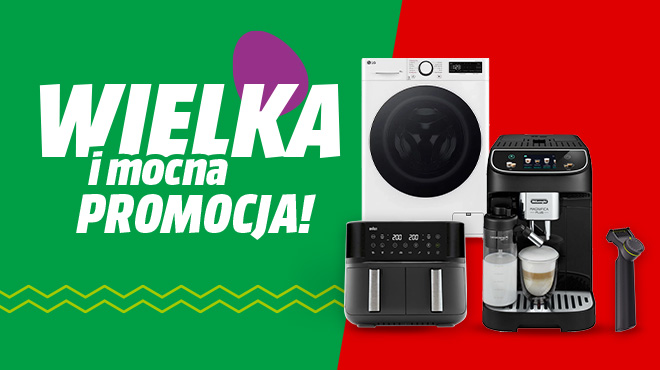 Grafika promocyjna z pralką, frytownicą, ekspresem do kawy i tekstem "WIELKA i mocna PROMOCJA!" na zielono-czerwonym tle.