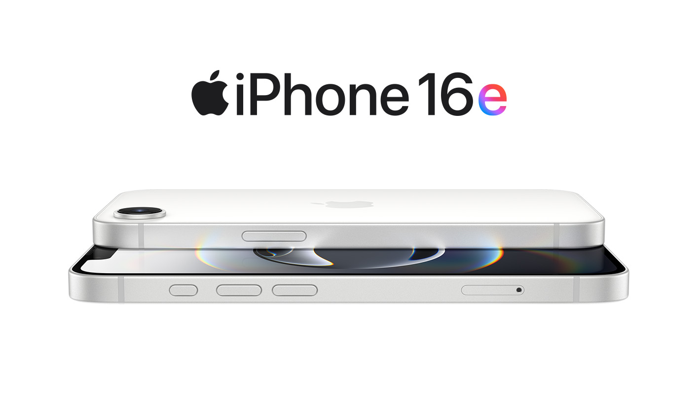 Dwa białe telefony ułożone jeden na drugim. U góry napis "iPhone 16e" i logo Apple.