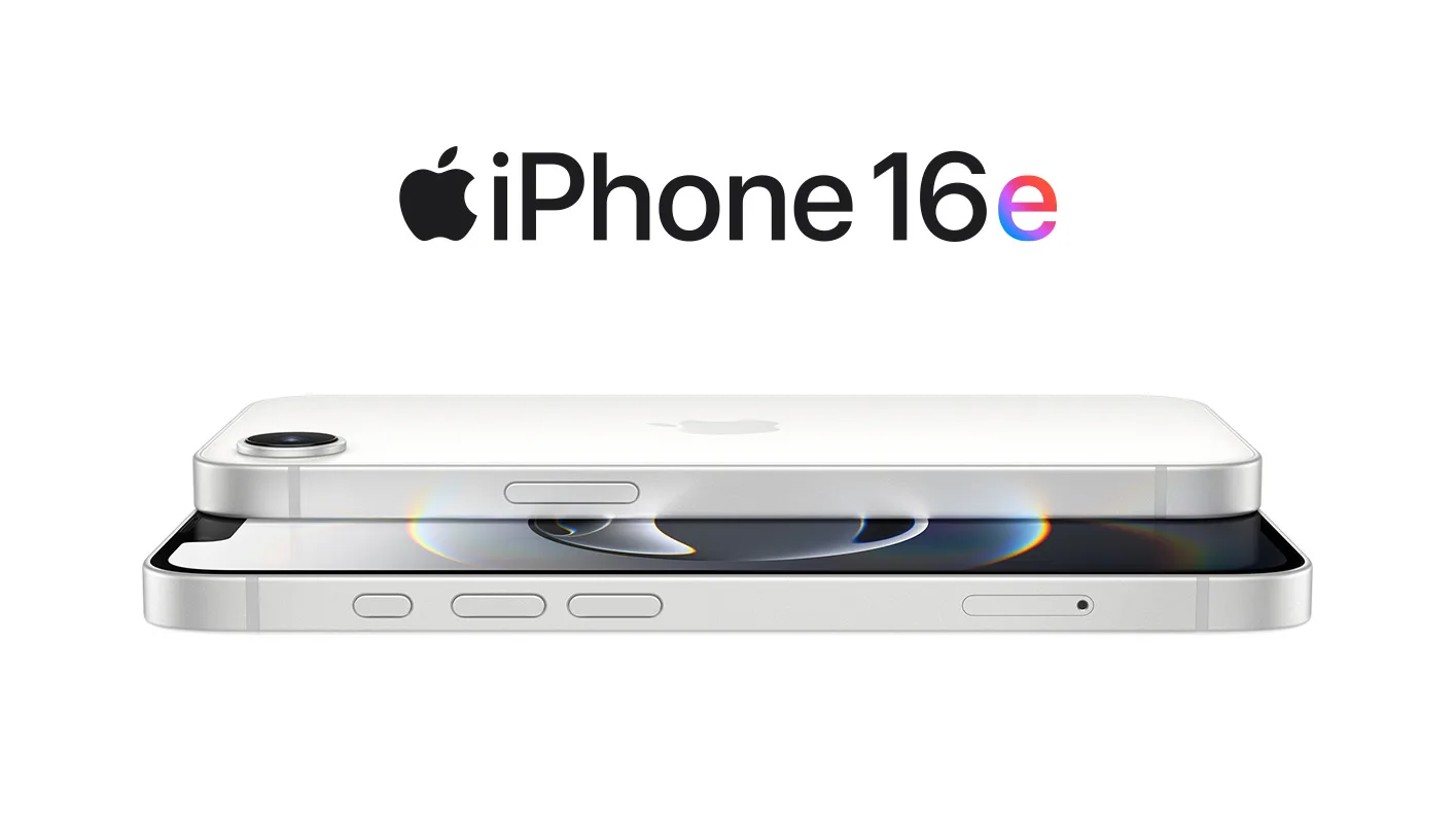 Dwa białe telefony ułożone jeden na drugim. U góry napis "iPhone 16e" i logo Apple.