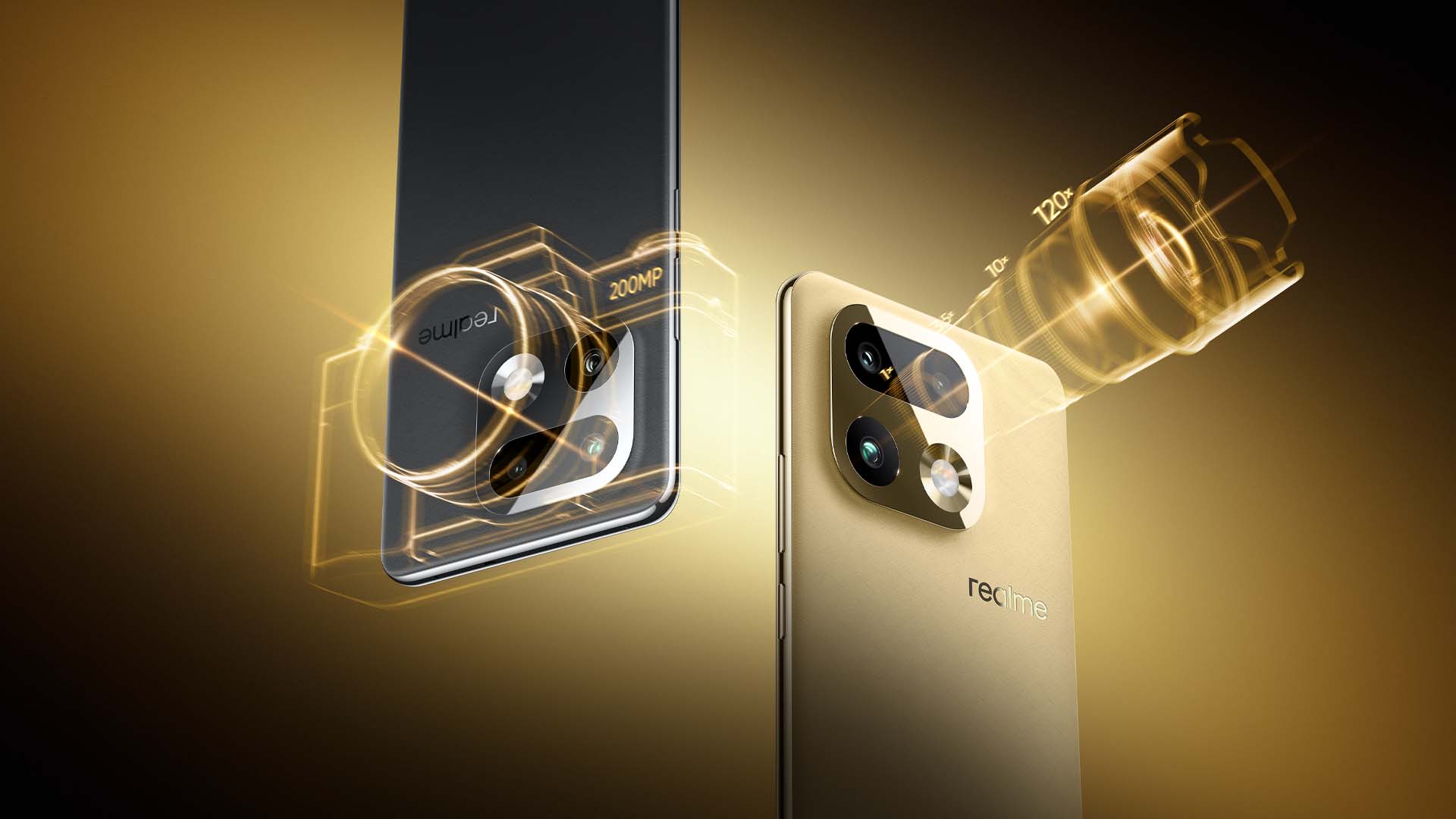 Dwa smartfony Realme 16 pro+. Jeden z nich, w ciemniejszym kolorze, pokazuje zbliżenie na moduł aparatów z napisem "200MP". Drugi, w złotym kolorze, prezentuje swój moduł aparatów, obok którego znajduje się stylizowany na obiektyw element z zaznaczonymi powiększeniami: 5x, 10x i 120x. Całość utrzymana jest w złocistej kolorystyce z elementami światła.