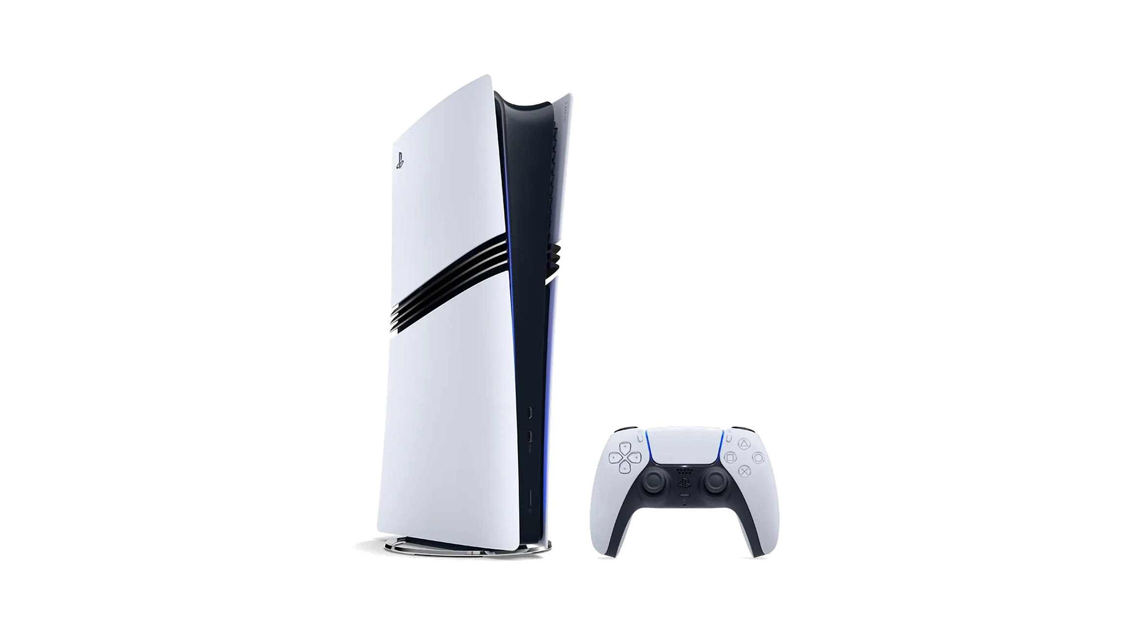 Czarno-biała konsola Sony PlayStation 5 Pro z kontrolerem DualSense, prezentowana w pozycji pionowej na białym tle.