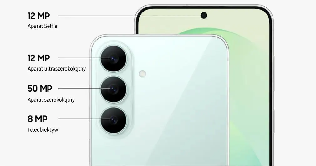 Aparaty jasnozielonego Samsunga Galaxy S26 FE: główny 50 MP, ultraszerokokątny 12 MP, teleobiektyw 8 MP i przedni 12 MP