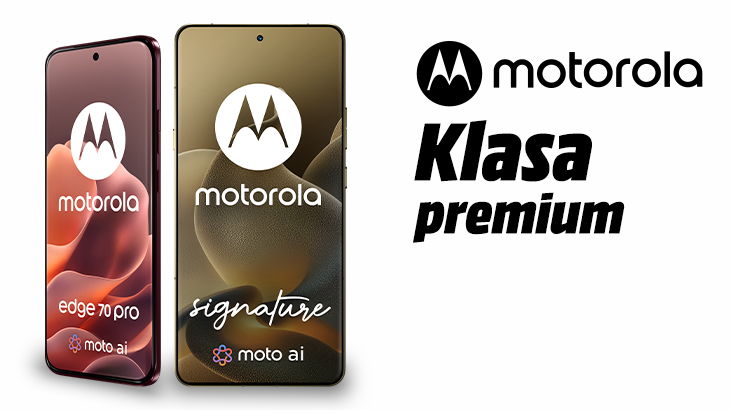 Logo motorola tekst klasa premium. Po lewej stronie 2 modele smartfonów serii edge i signature.