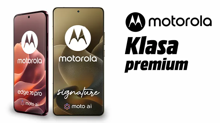 Logo motorola tekst klasa premium. Po lewej stronie 2 modele smartfonów serii edge i signature.