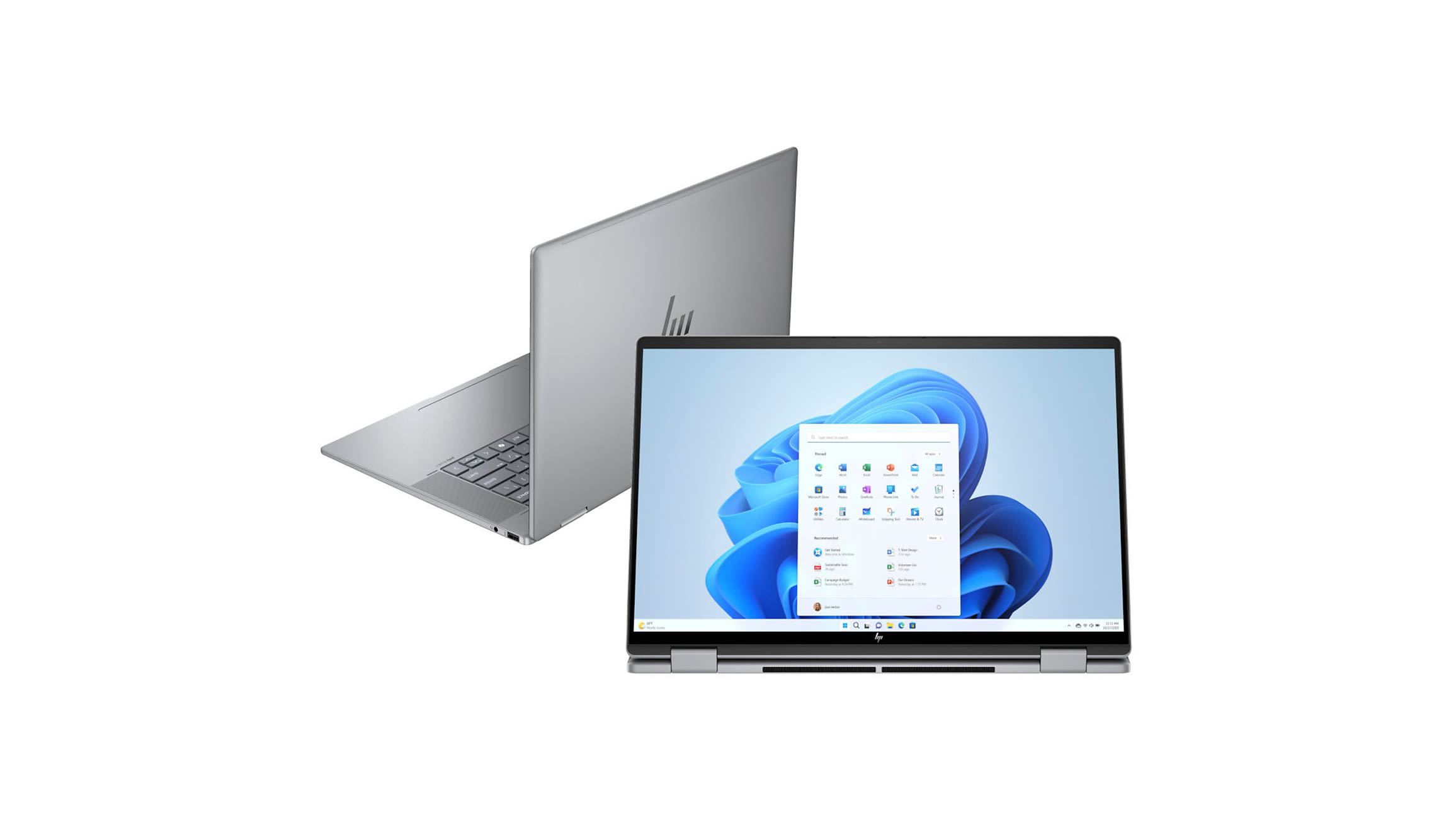 Srebrny laptop HP Envy z cienką obudową i ekranem pokazującym kolorową grafikę, ustawiony na białym tle.