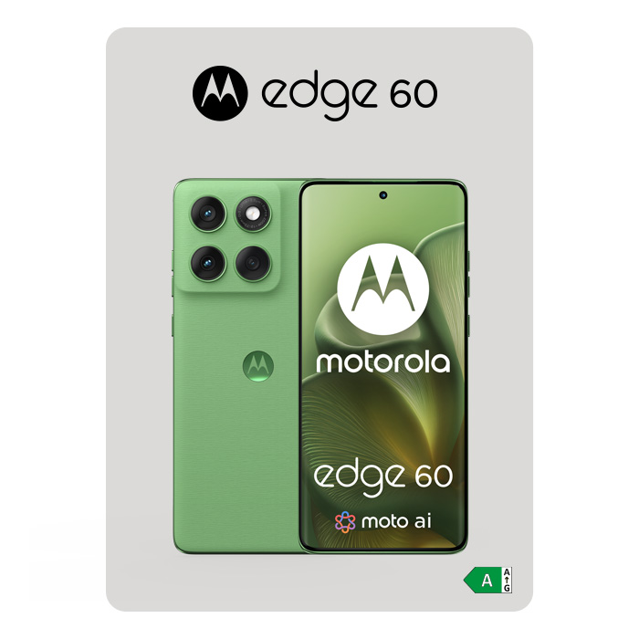 Dwa zielone telefony Motorola Edge 60 na szarym tle. Etykieta energetyczna w prawym dolnym rogu.