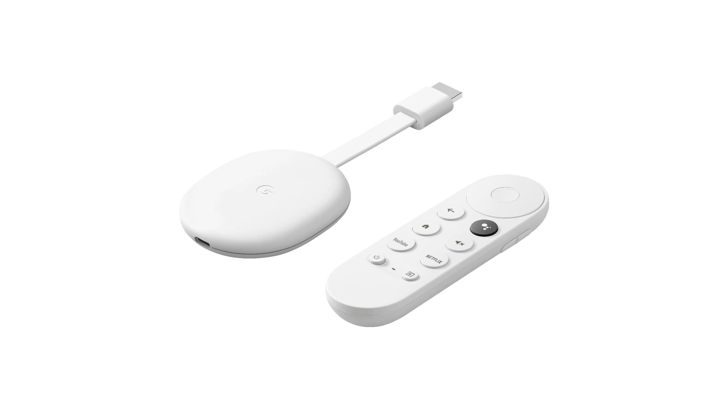 Biały odtwarzacz multimedialny Google Chromecast 4.0 HD z zaokrągloną obudową i krótkim kablem HDMI oraz pilotem, na białym tle