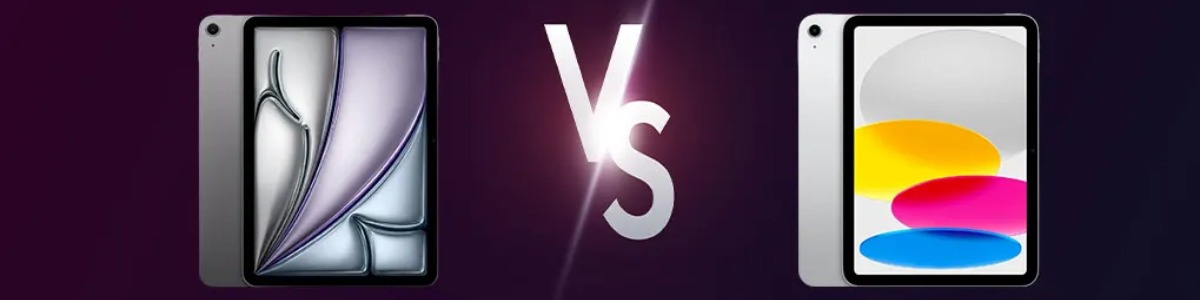 Dwa tablety po bokach napisu "VS" na fioletowym tle. Ekrany tabletów wyświetlają abstrakcyjne wzory w kolorach srebrnym, fioletowym, żółtym, różowym i niebieskim.