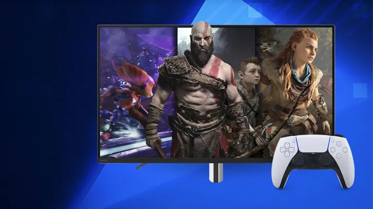 Ekran telewizora pokazuje grę wideo z postaciami. Biały kontroler do gier leży z przodu. Tło jest niebieskie.