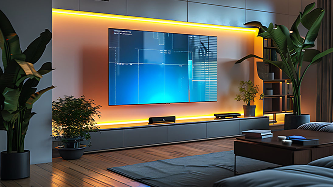 Nowoczesny telewizor z niebieskim ekranem powieszony na podświetlonej wnęce w ścianie eleganckiego salonu.