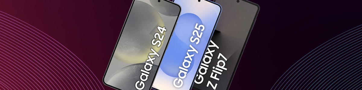 Zdjęcie prezentuje flagowce Samsunga. Od lewej: Galaxy S25, Z Flip, S24. 