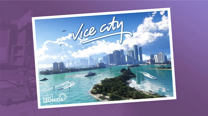 Pocztówka z Vice City, woda, plaże i drapacze chmur, na fioletowym tle.
