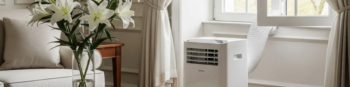 Elegancki pokój z klimatyzatorem przenośnym z rankingu podłączonym rurą do okna.