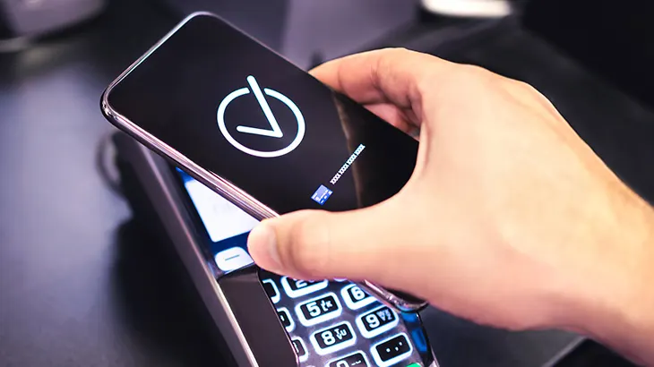 Ręka trzymająca smartfon, płacąca zbliżeniowo na terminalu płatniczym