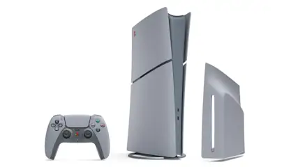 Szary kontroler do gier leży obok szarej konsoli do gier i dodatkowego panelu bocznego na białym tle.