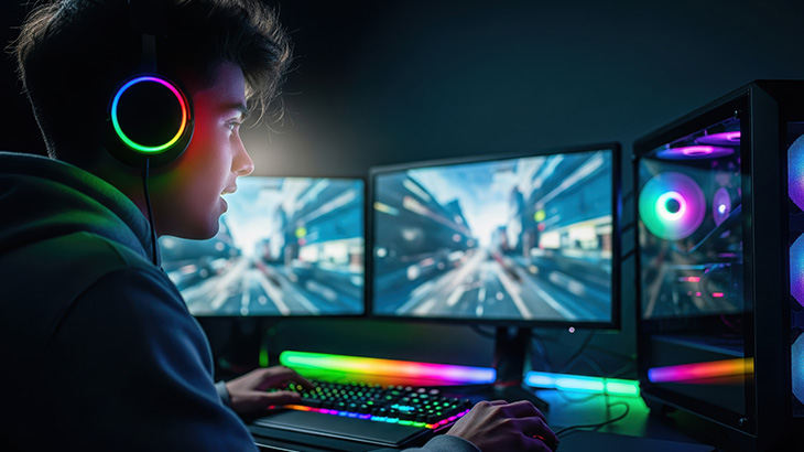 Młody gracz w słuchawkach siedzi w ciemnym pokoju przed biurkiem z trzema monitorami i podświetlaną klawiaturą.