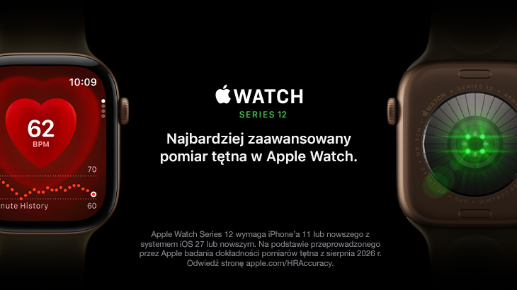 Apple Watch Series 12 - Najbardziej zaawansowany pomiar tętna w Apple Watch. Na grafice widnieje nowy model Apple Watch pokazujący pomiar tętna. Produkty przedstawione są na czarnym tle.