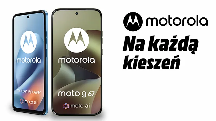 Logo motorola tekst na każdą kieszeń. Po lewej stronie 2 modele smartfonów serii moto g.