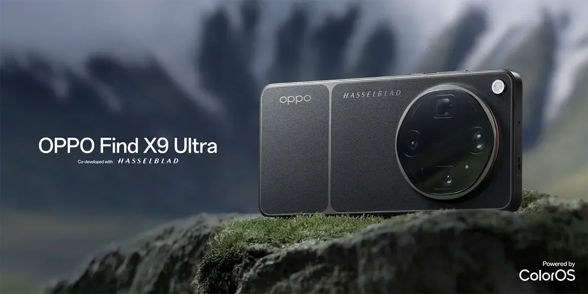 Smartfon OPPO Find X9 Ultra z dużą wyspą aparatu Hasselblad na tle gór; napisy: OPPO Find X9 Ultra, Powered by ColorOS.