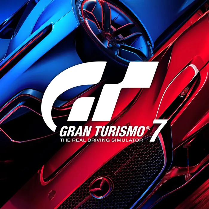 Logo gry Gran Turismo 7 na tle fragmentów czerwonego i niebieskiego auta.