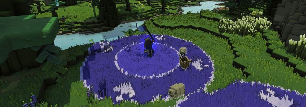 Widok na pikselowy krajobraz z postacią z mieczem na fioletowym terenie, obok wózek i zbiornik, rzeka i zieleń w tle.