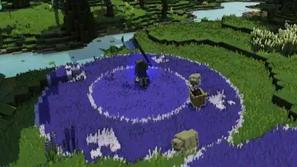 Widok na pikselowy krajobraz z postacią z mieczem na fioletowym terenie, obok wózek i zbiornik, rzeka i zieleń w tle.