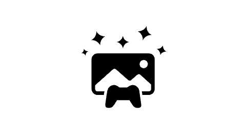 Czarny symbol przedstawia ekran z krajobrazem górskim i kontroler gier, otoczony gwiazdami.