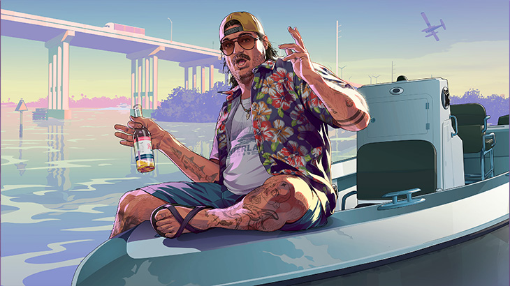 Cal Hampton postać z GTA VI, mężczyzna w koszuli, trzymający butelkę w dłoni i siedzący na motorówce, w tle samolot oraz most.